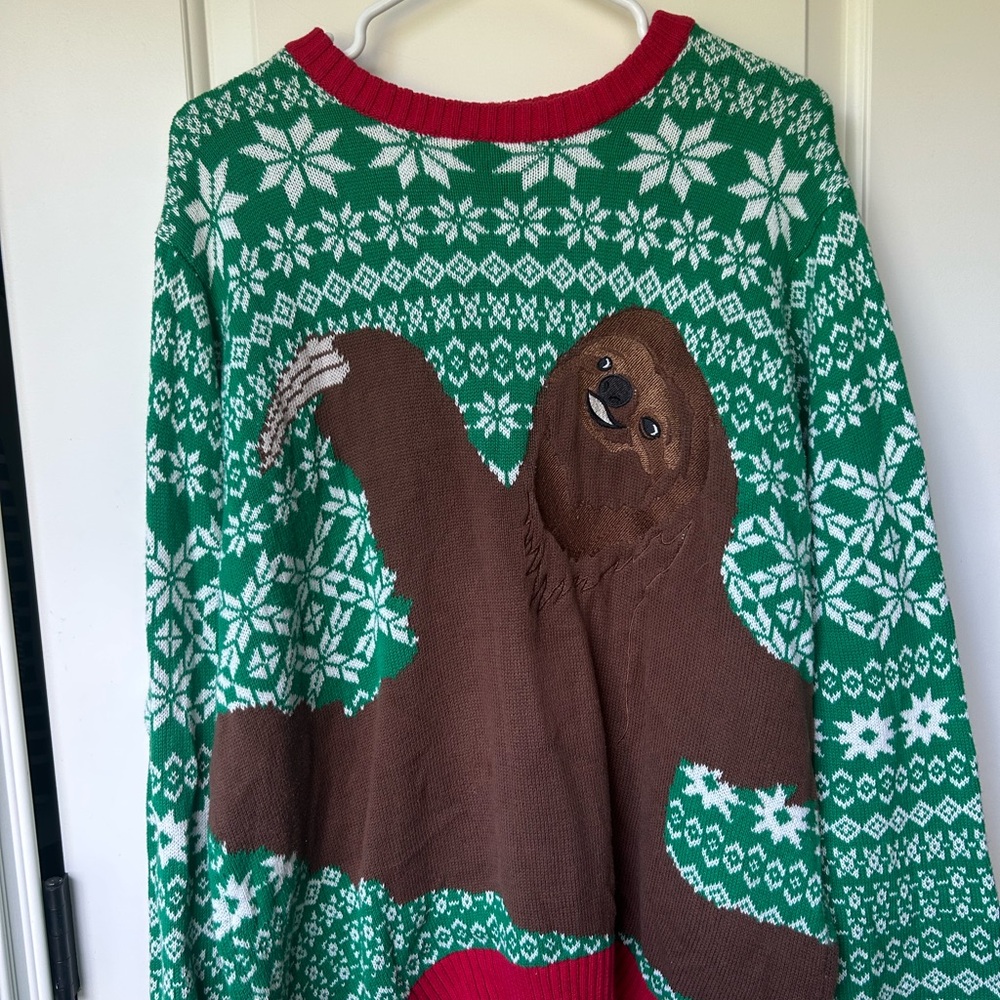 Green and Red Sloth Crewneck Sweater